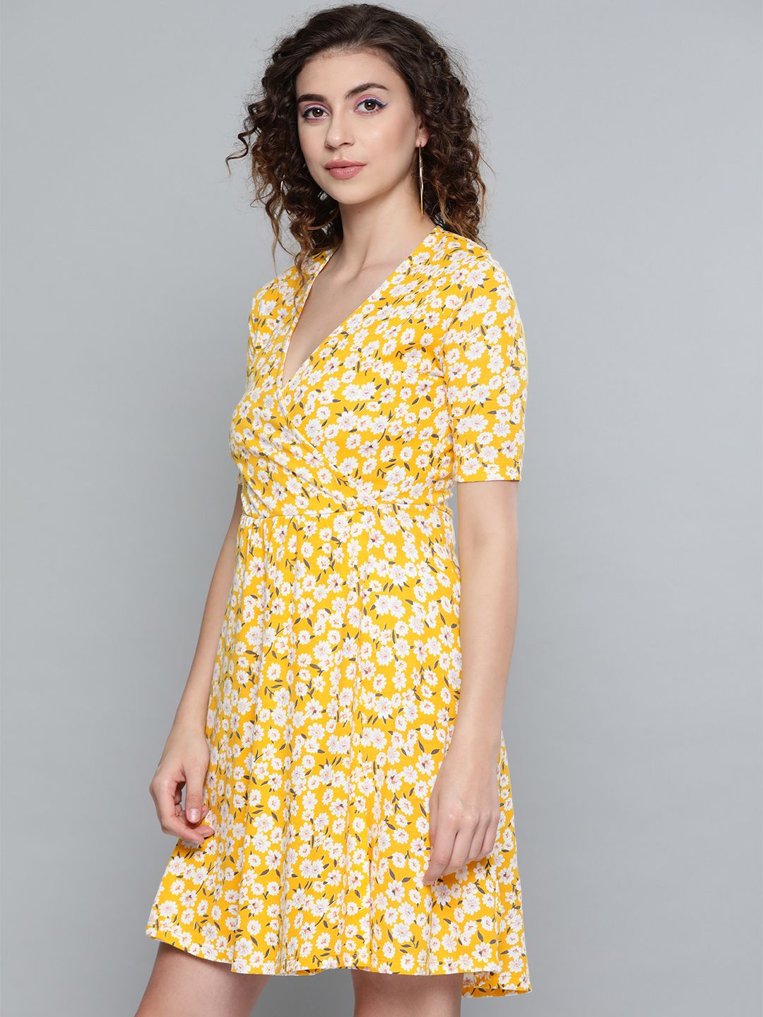 SASSAFRAS Yellow & Off-White Floral Printed Wrap Dress