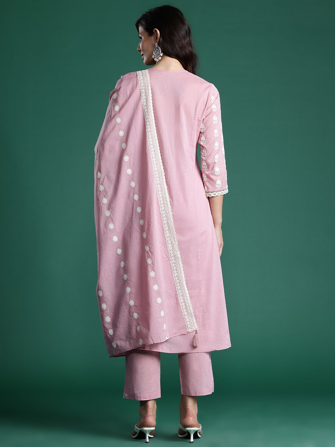 Indo Era Ethnic Motifs Embroidered Pleated Thread Work Pure Cotton Kurta Set