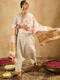Indo Era Floral Printed V-Neck Pure Cotton Straight Kurta with Trousers & With Dupatta