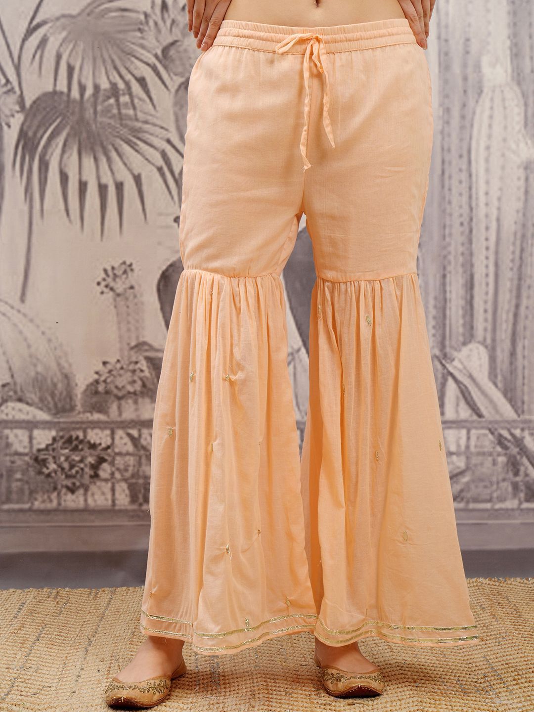 Vishudh Peach Coloured Floral Embroidered Pure Cotton Straight Kurta & Sharara & Dupatta