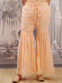 Vishudh Peach Coloured Floral Embroidered Pure Cotton Straight Kurta & Sharara & Dupatta