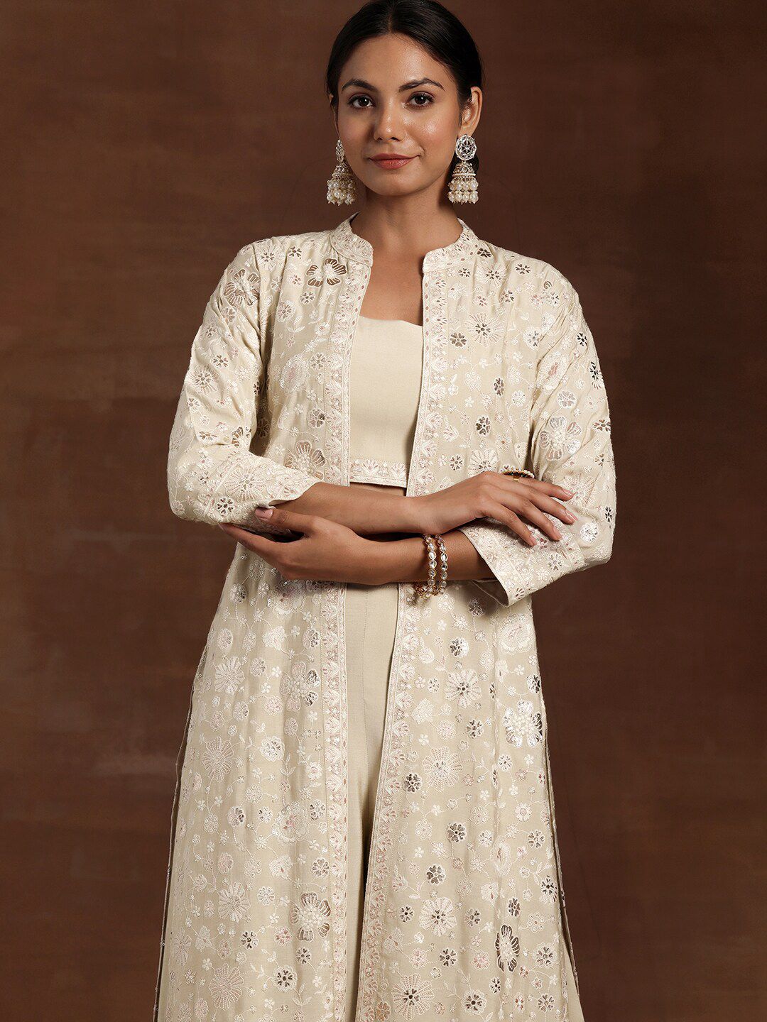 Libas Embroidered Sleeveless Top, Shrug & Palazzos Co-Ords