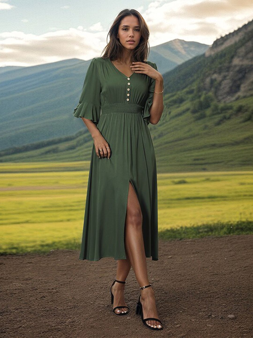 all about you Green V-Neck A-Line Dress