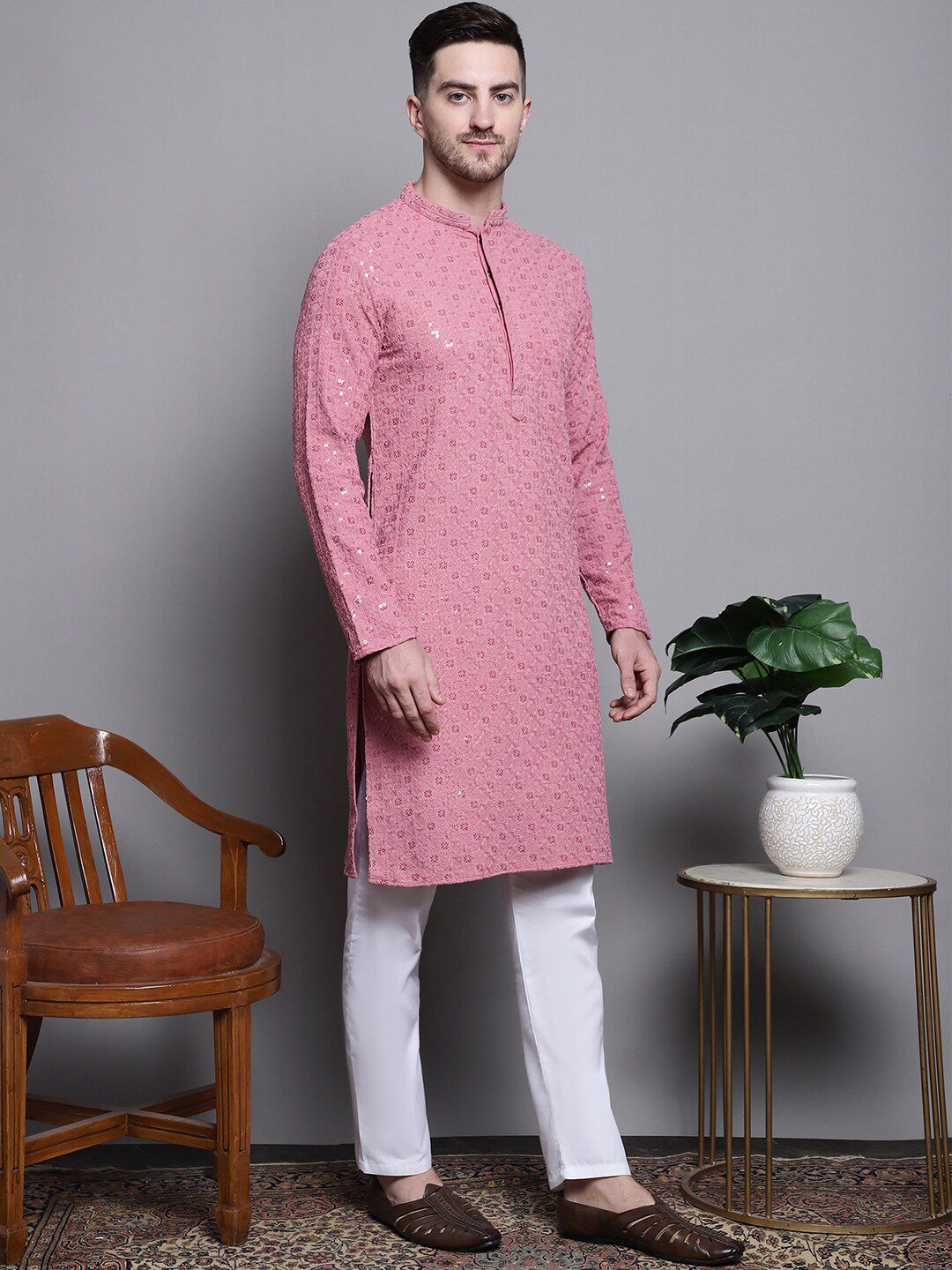 Jompers Floral Embroidered Thread Work Sequinned Pure Cotton Kurta