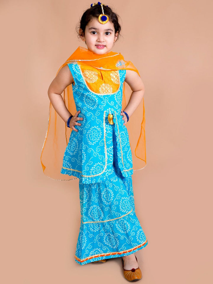 pspeaches Girls Blue Bandhani Printed Panelled Gotta Patti Pure Cotton Kurti with Sharara & With Dupatta