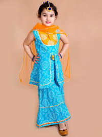 pspeaches Girls Blue Bandhani Printed Panelled Gotta Patti Pure Cotton Kurti with Sharara & With Dupatta