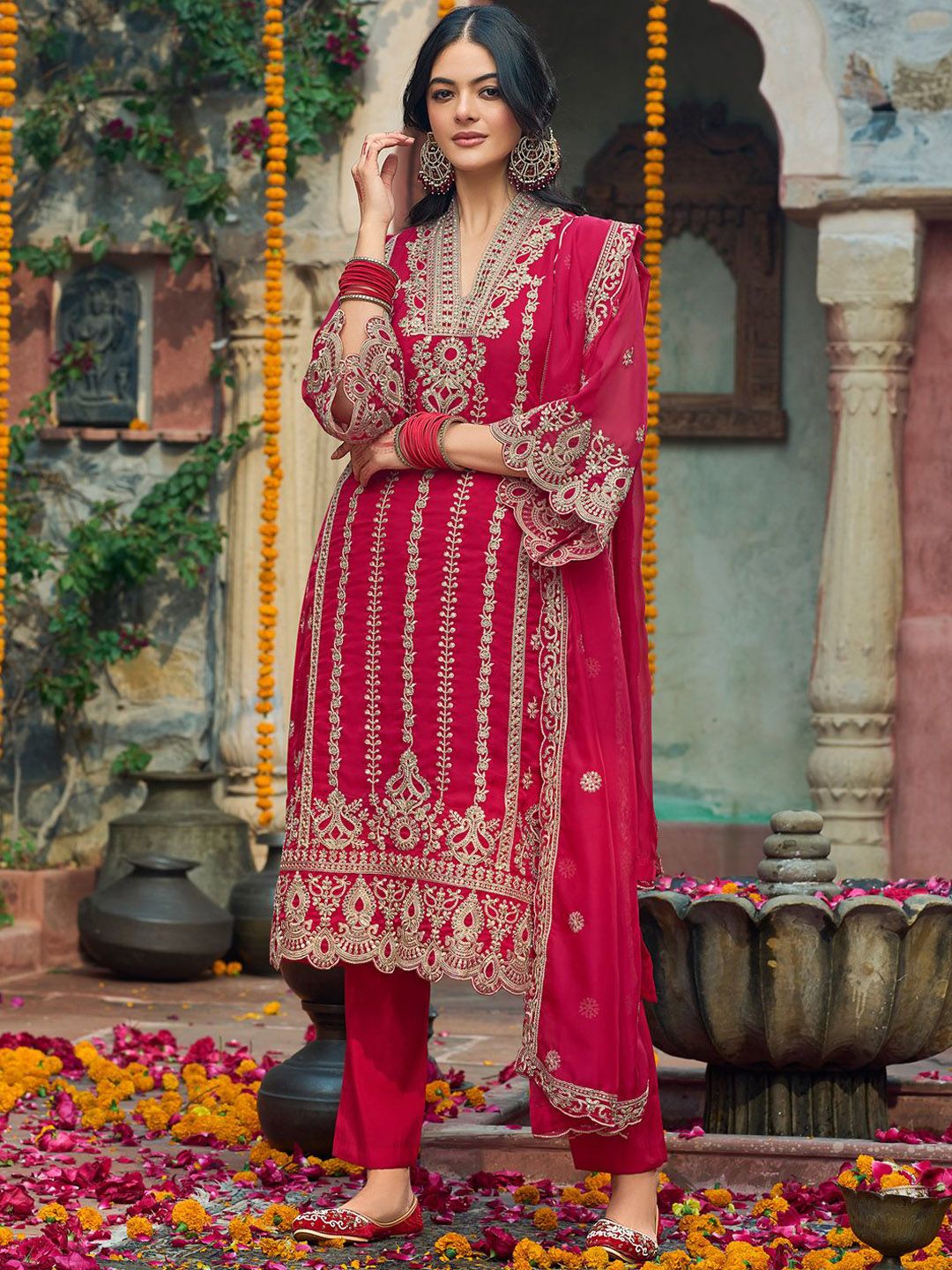 Indo Era Ethnic Motifs  Embroidered V-Neck Zari Organza Kurta With Trousers And Dupatta