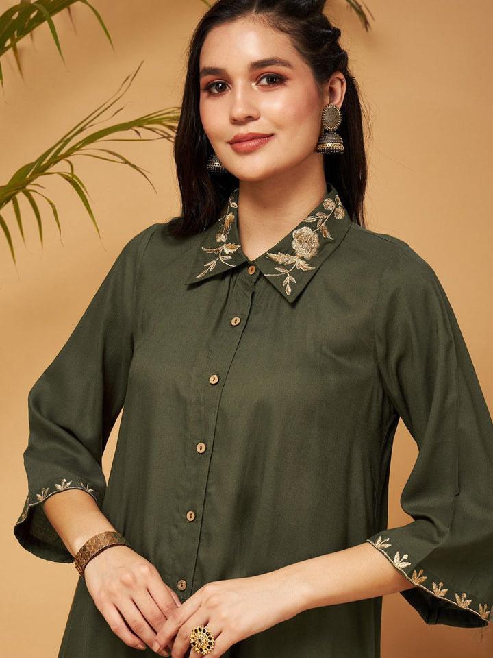 Shae by SASSAFRAS Zari Embroidered Shirt Collar Tunic Top With Palazzos Co-Ords
