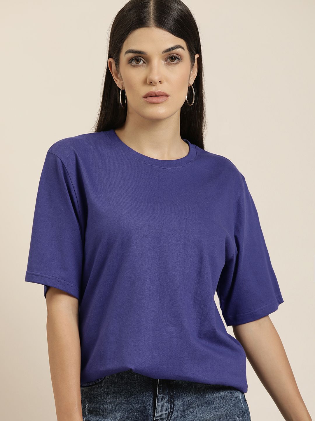 DILLINGER Women Navy Blue Solid Pure Cotton Oversized T-shirt