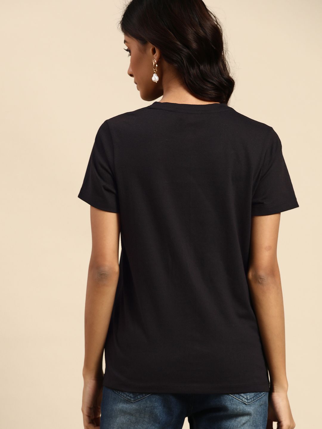 all about you Women Black Solid V-Neck T-shirt