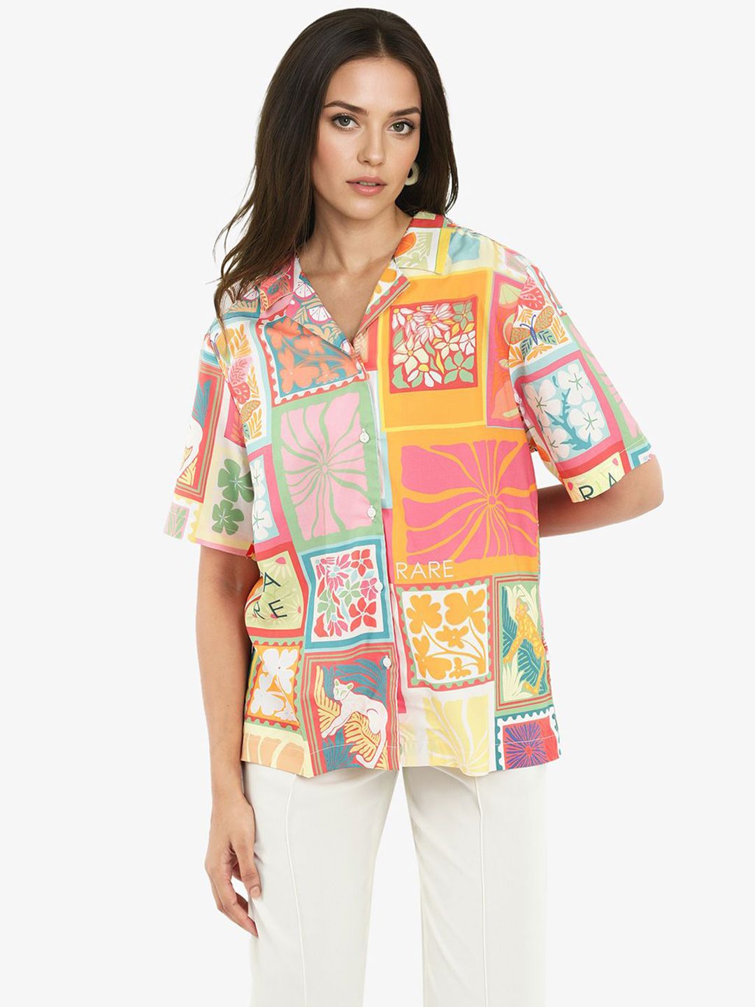 RAREISM Women Floral Printed Shirt Collar Top