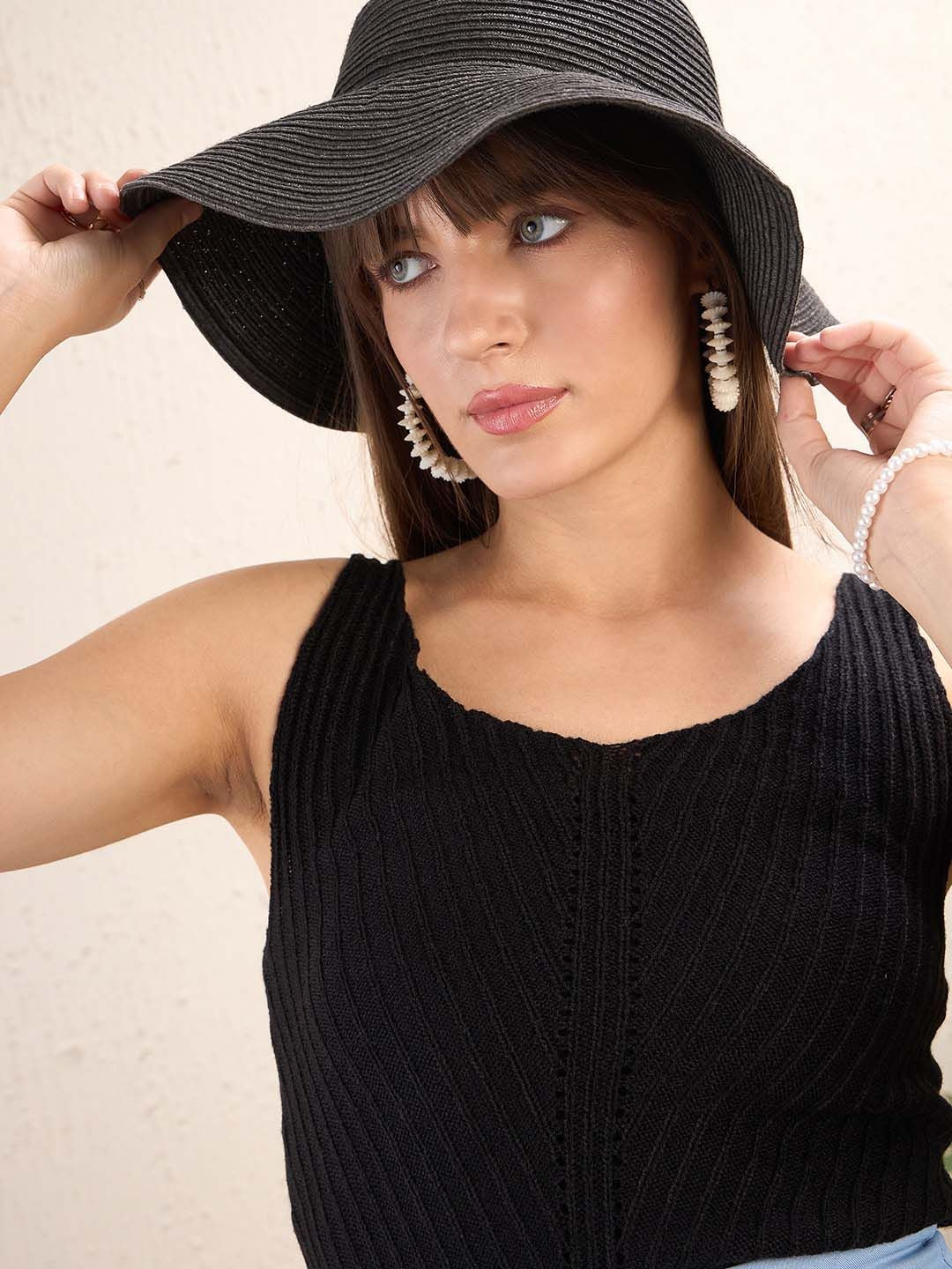 SASSAFRAS Self Design Striped Sleeveless Crochet Top