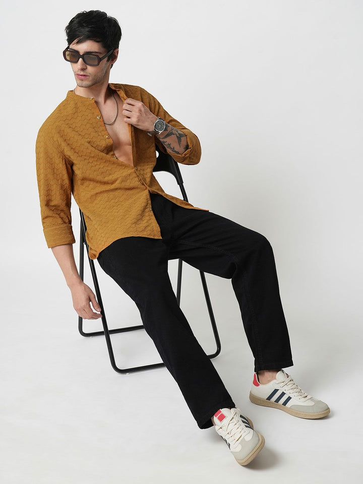 VASTRADO Men Classic Band Collar Textured Slim Fit Casual Shirt