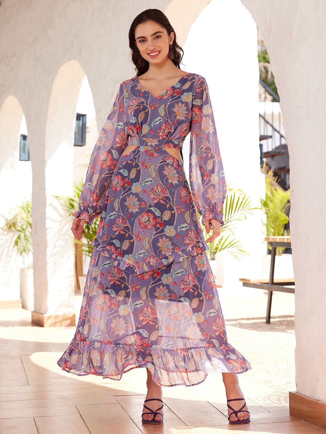 STREET 9 Floral Printed Puffed Sleeves Ruflles Georgette Cut-Out Maxi Dress