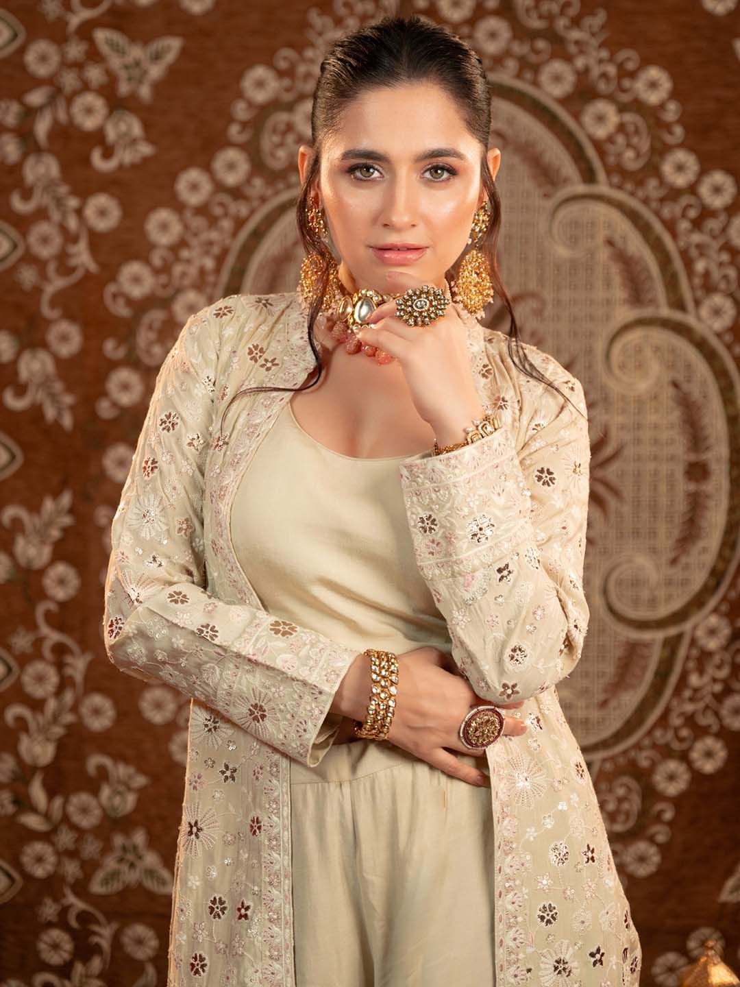 Libas Embroidered Sleeveless Top, Shrug & Palazzos Co-Ords