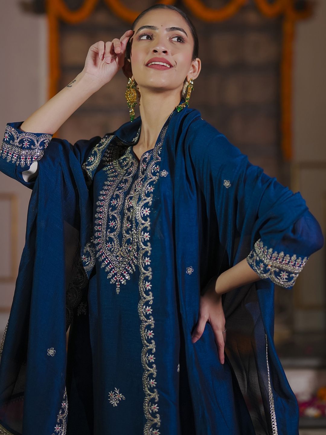 Indo Era Women Ethnic Motifs Embroidered Regular Kurta with Trousers & With Dupatta