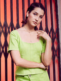 Athena Lime Green Square Neck Cotton Canvas Regular Top
