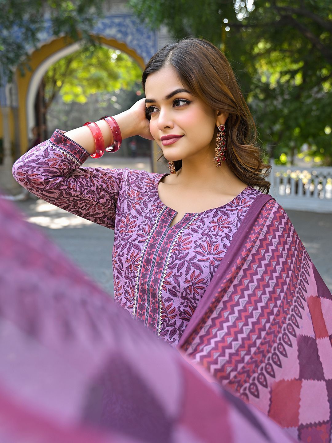 KALINI Floral Printed Notch Neck Gotta Patti Straight Kurta With Trousers & Dupatta