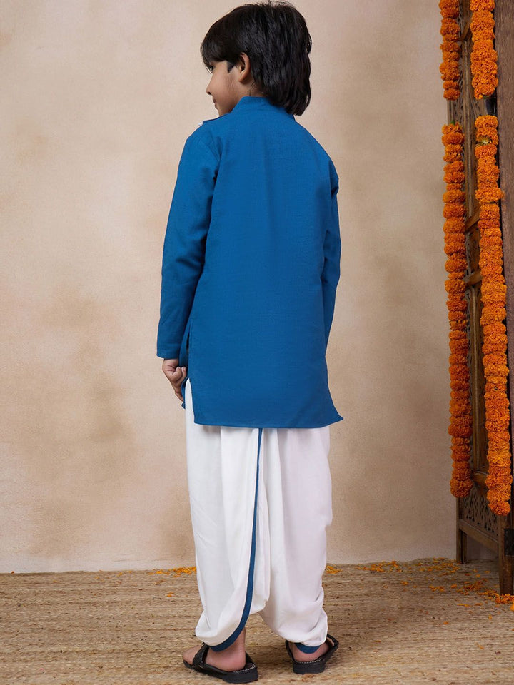 pspeaches Boys Mandarin Collar Floral Yoke Design Regular Thread Work Kurta with Dhoti Pants