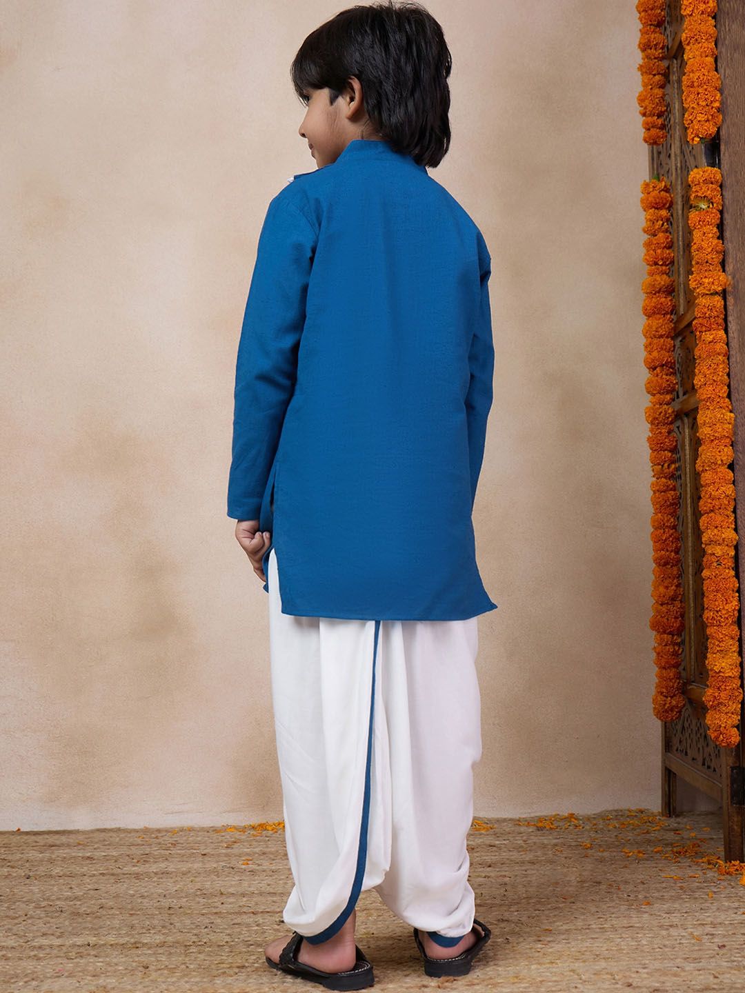 pspeaches Boys Mandarin Collar Floral Yoke Design Regular Thread Work Kurta with Dhoti Pants