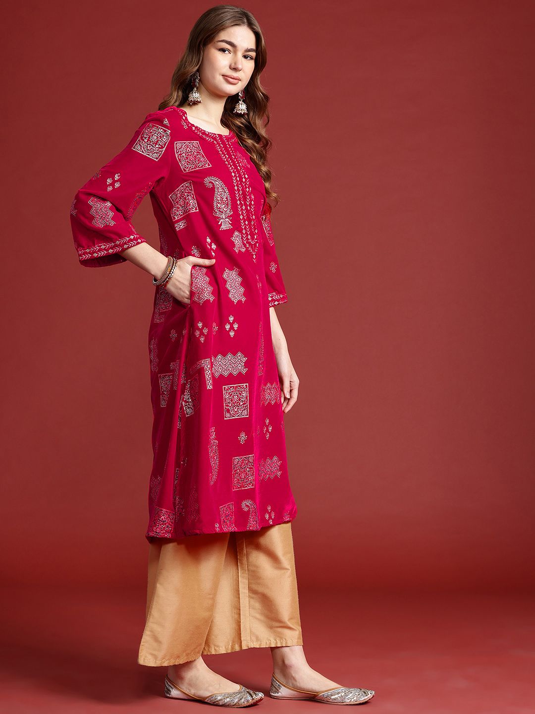 Anouk Women Tyohar Collection Ethnic Motifs Printed Thread Work Velvet Finish A-Line Kurta