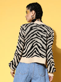 SASSAFRAS Women Beige & Black Animal Printed Crop Cardigan