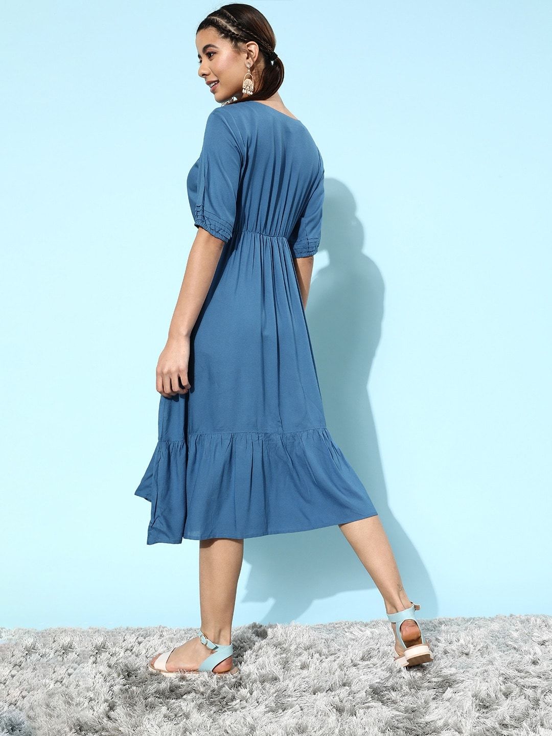 DressBerry Women Stunning Blue Floral Tiered Dress