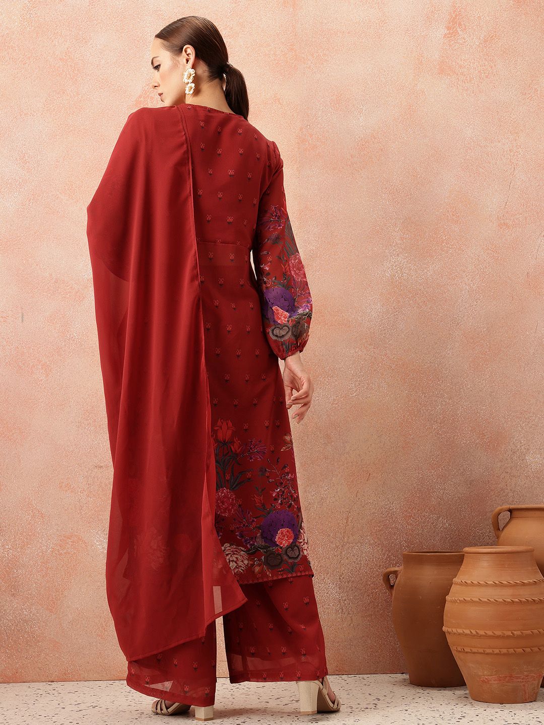 all about you Women Floral Printed Pleated Kurta with Trousers & Dupatta