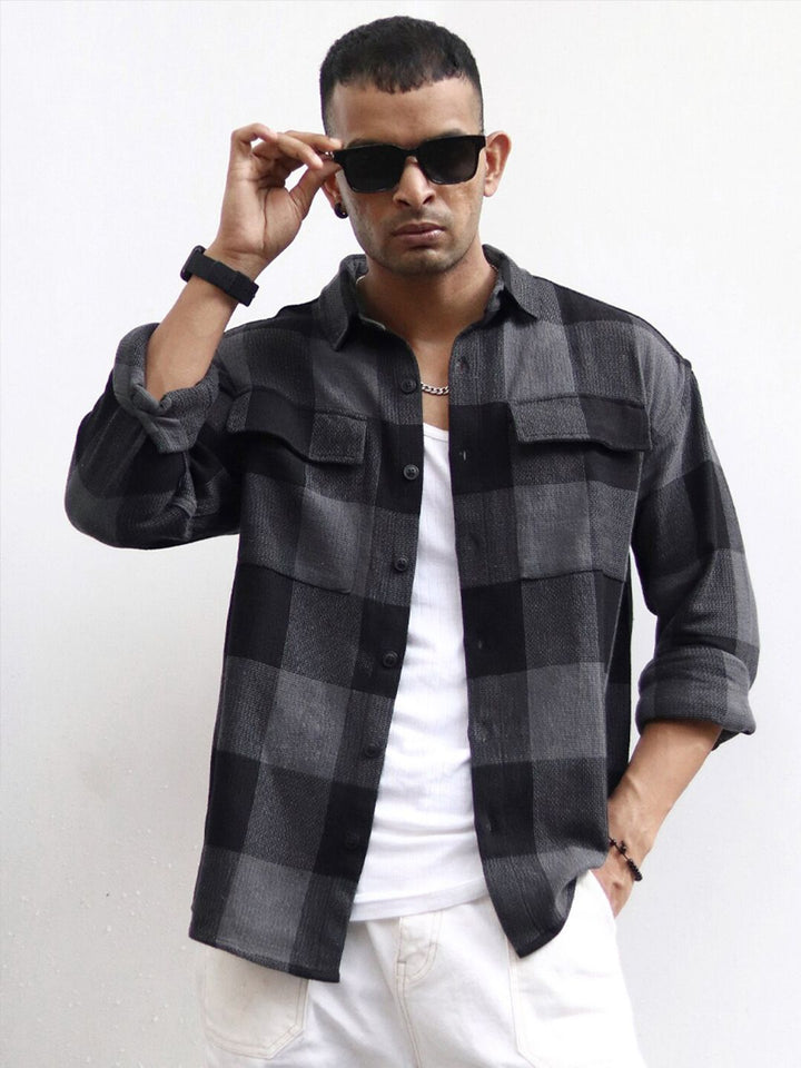 Powerlook Black India Slim Oversized Buffalo Checks Opaque Pure Cotton Casual Shacket