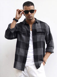 Powerlook Black India Slim Oversized Buffalo Checks Opaque Pure Cotton Casual Shacket