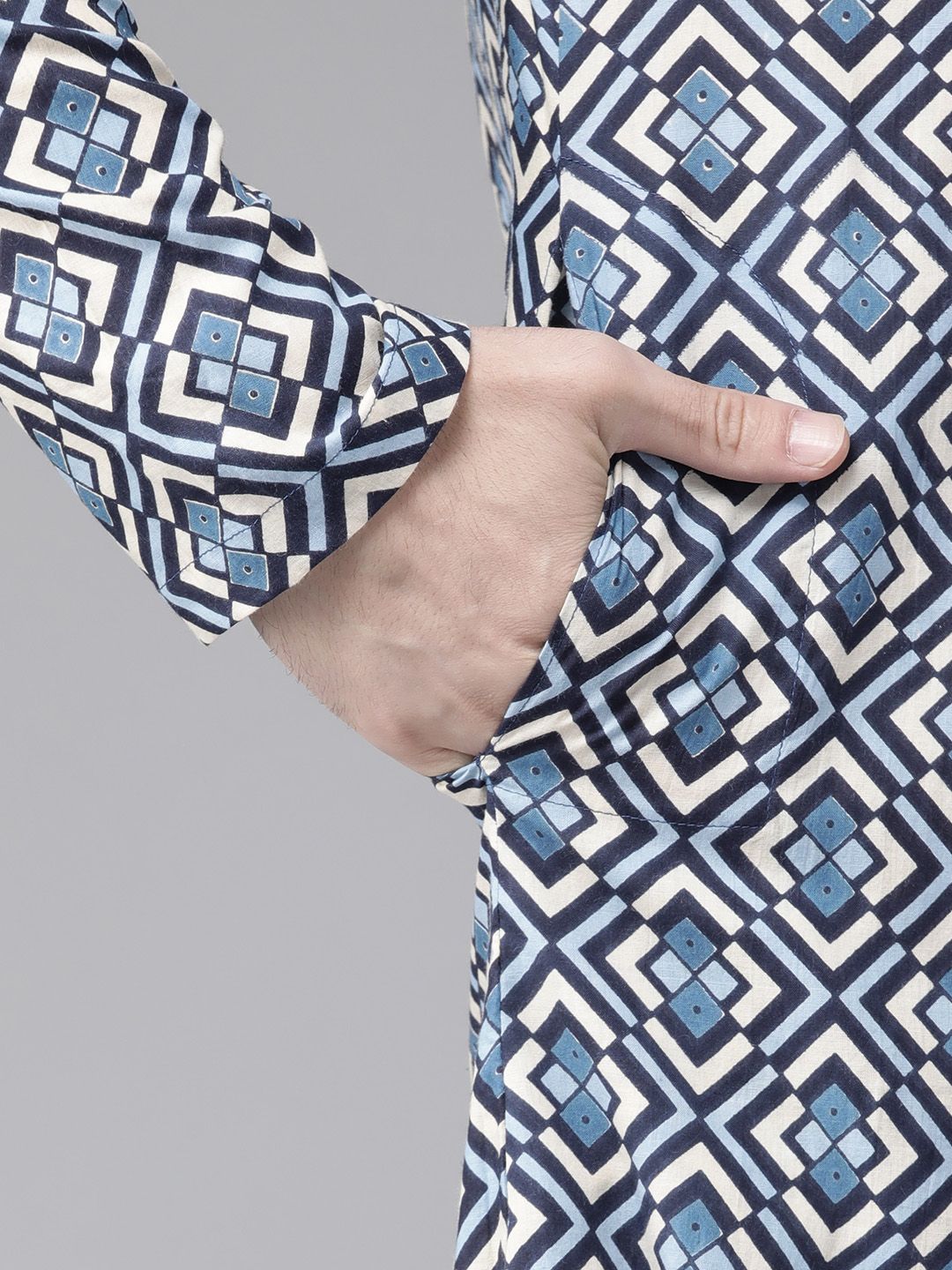 See Designs Men Blue & Grey Geometric Block Print Cotton Sustainable Handloom Kurta
