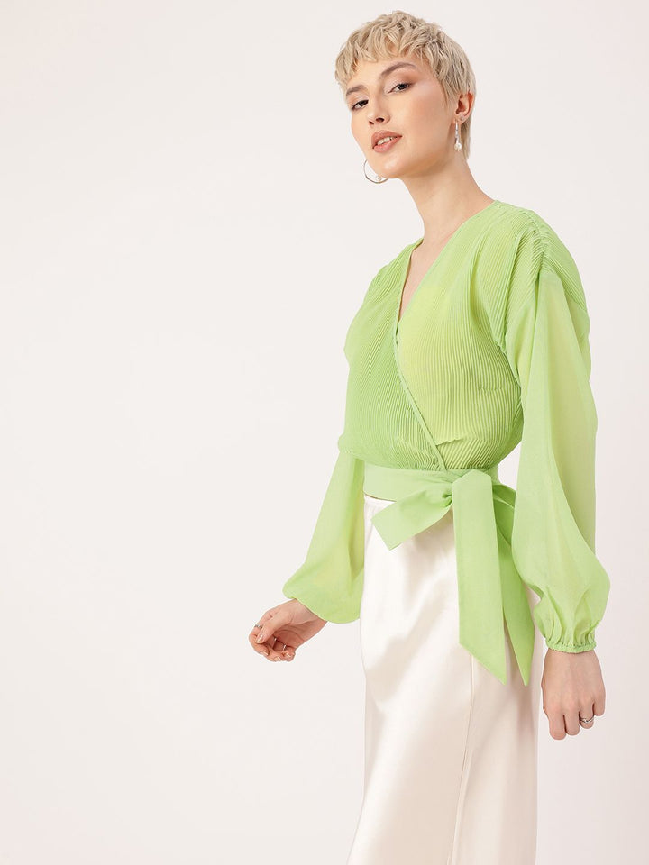 DressBerry Feminine Glam Accordion Pleats Drop Shoulder Wrap Top