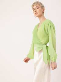 DressBerry Feminine Glam Accordion Pleats Drop Shoulder Wrap Top