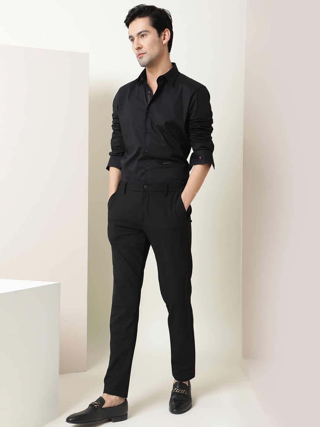 RARE RABBIT Men I Love U Black Custom Slim Fit Shirt