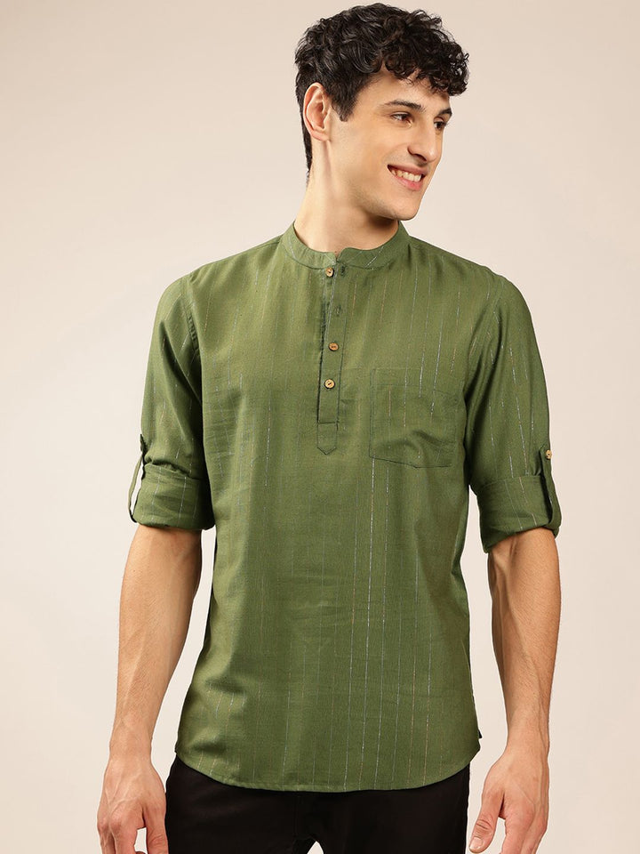 Anouk Green Striped Woven Design Mandarin Collar Roll-Up Sleeves Zari Pathani Short Kurta