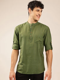 Anouk Green Striped Woven Design Mandarin Collar Roll-Up Sleeves Zari Pathani Short Kurta