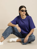 DILLINGER Women Navy Blue Solid Pure Cotton Oversized T-shirt