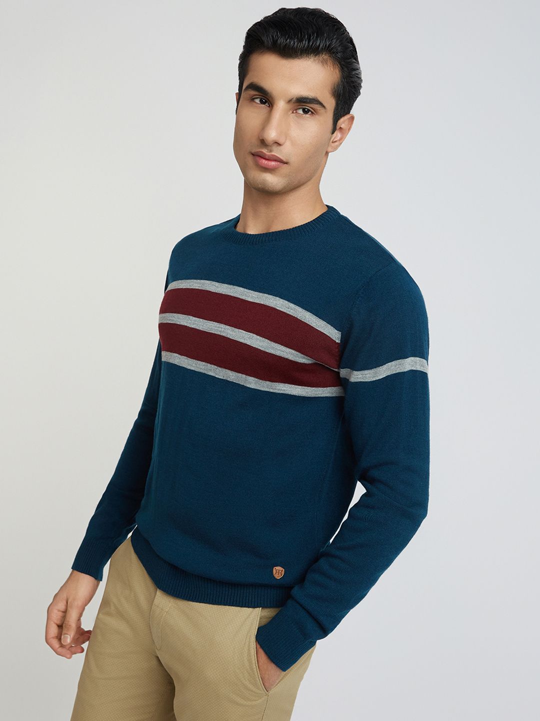 Raymond Men Teal Blue Striped Pullover