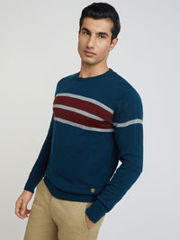 Raymond Men Teal Blue Striped Pullover
