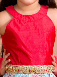 Ps Peaches Girls Red & Blue Floral Lehenga Choli Set