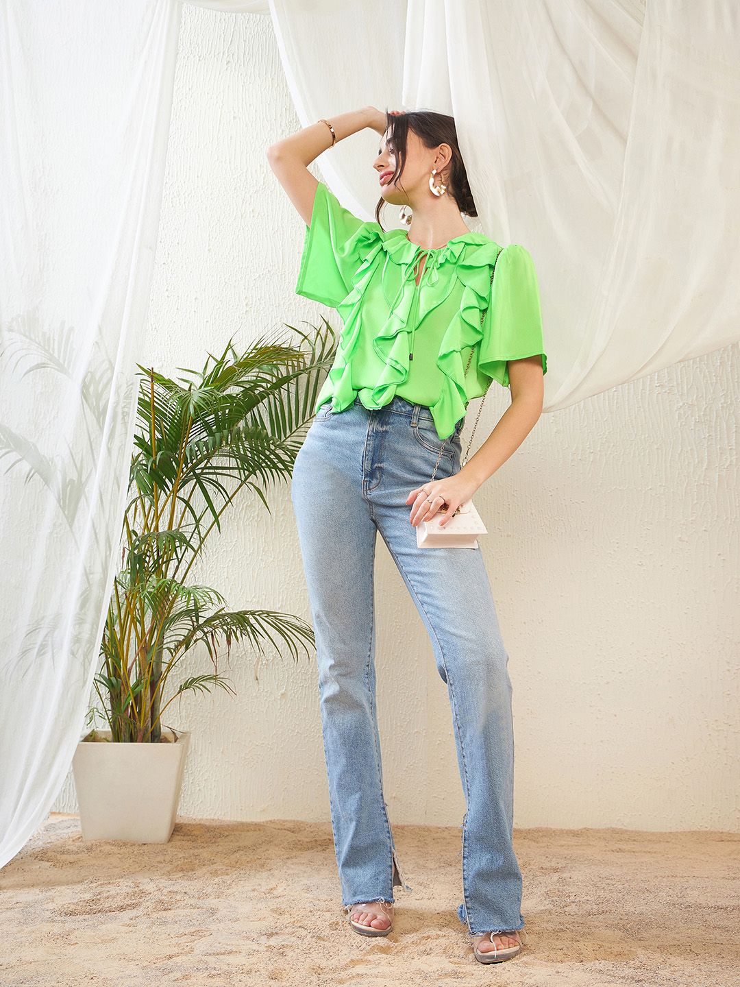 SASSAFRAS Green Keyhole Neck Flared Sleeve Ruffles Georgette Top