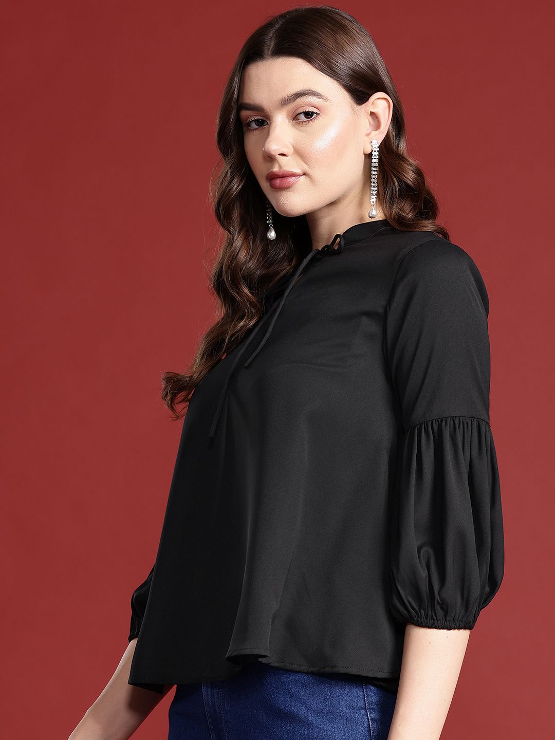 all about you Tie-Up Neck Puff Sleeves Top