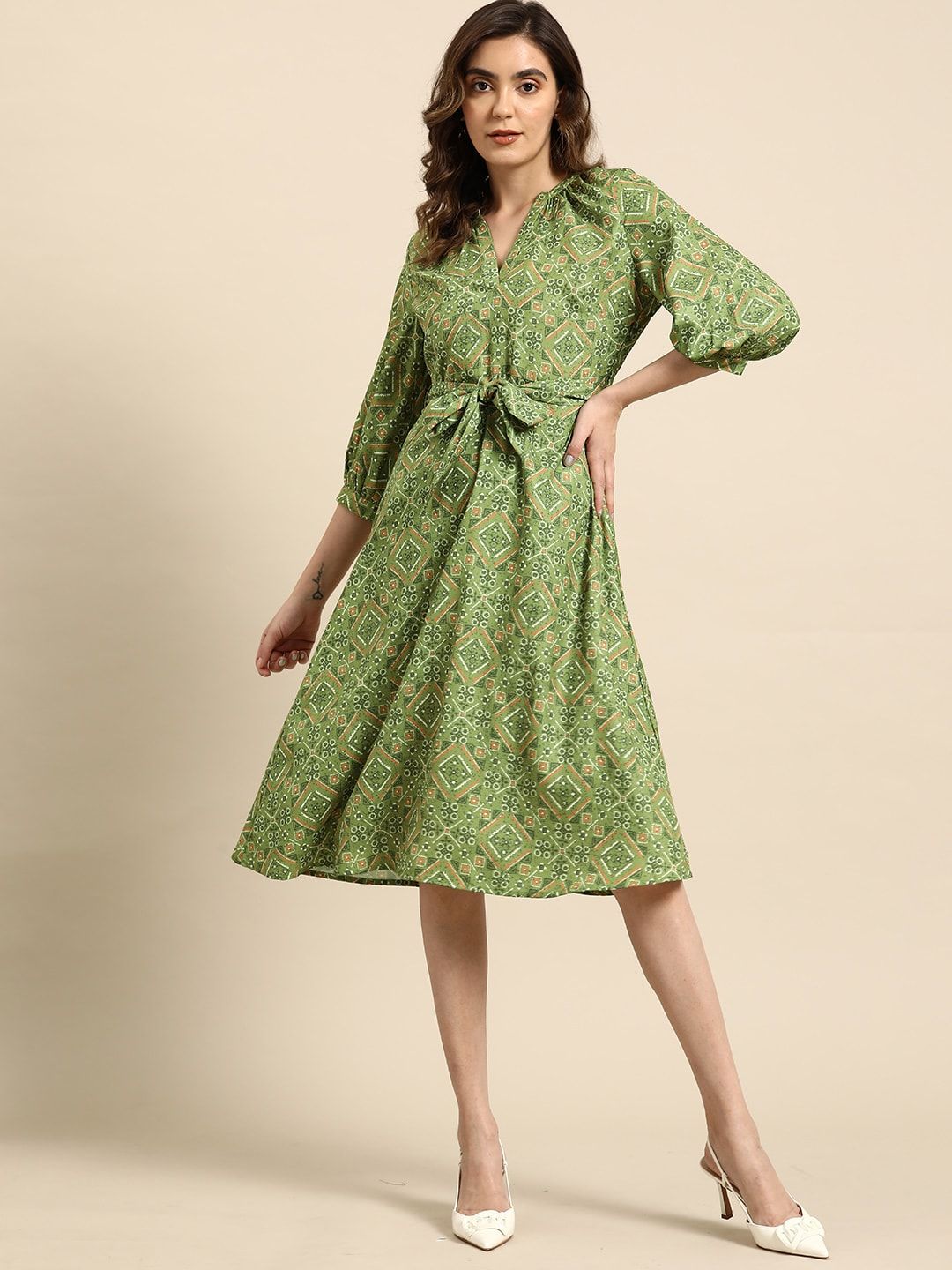 all about you Printed A-Line Ethnic Dress with Belt