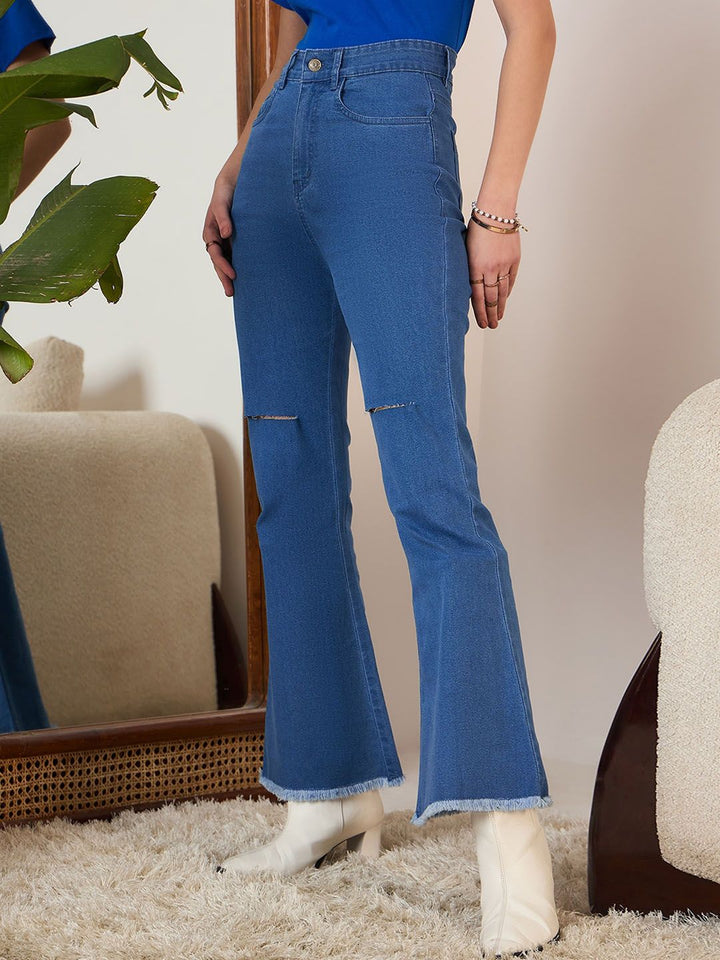 Berrylush Blue Women Bootcut High-Rise Mildly Distressed Stretchable Light Fade Jeans