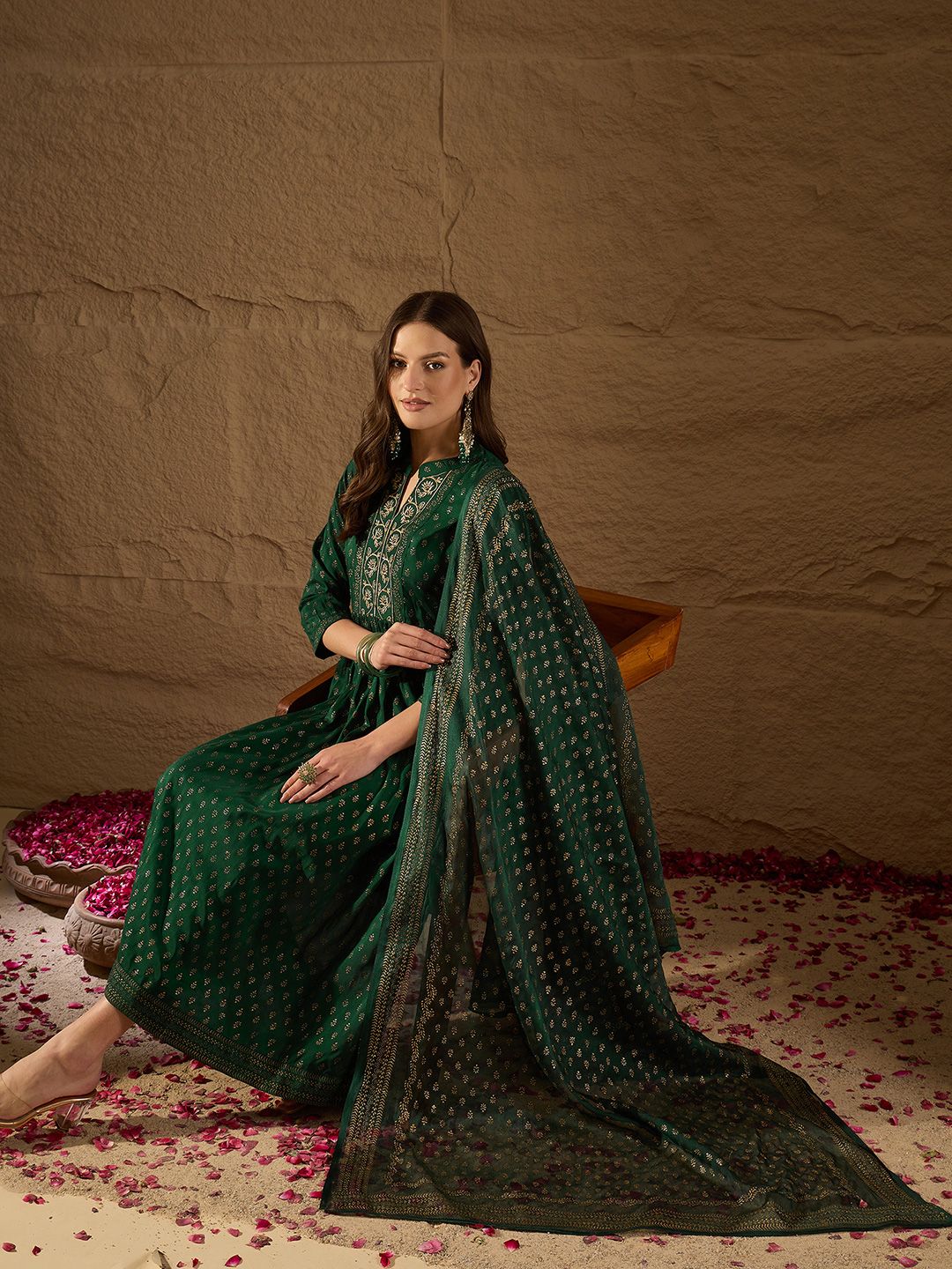 KALINI Floral Embroidered Empire Thread Work Kurta with Trousers & With Dupatta