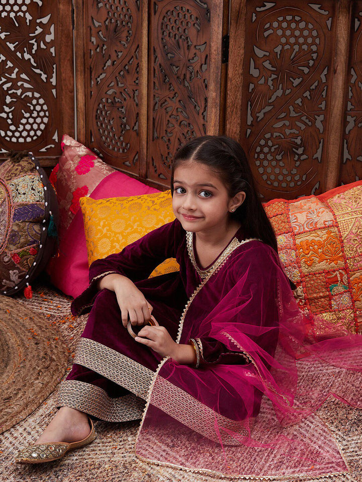 pspeaches Girls Gotta Patti Velvet Kurta With Palazzos & Dupatta