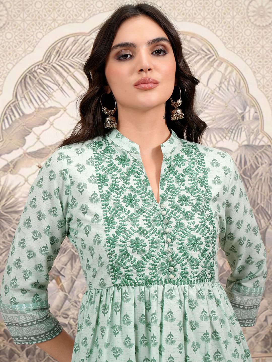 Vishudh Green Floral Printed Mandarin Collar Embroidered Tiered Fit & Flare Ethnic Dress