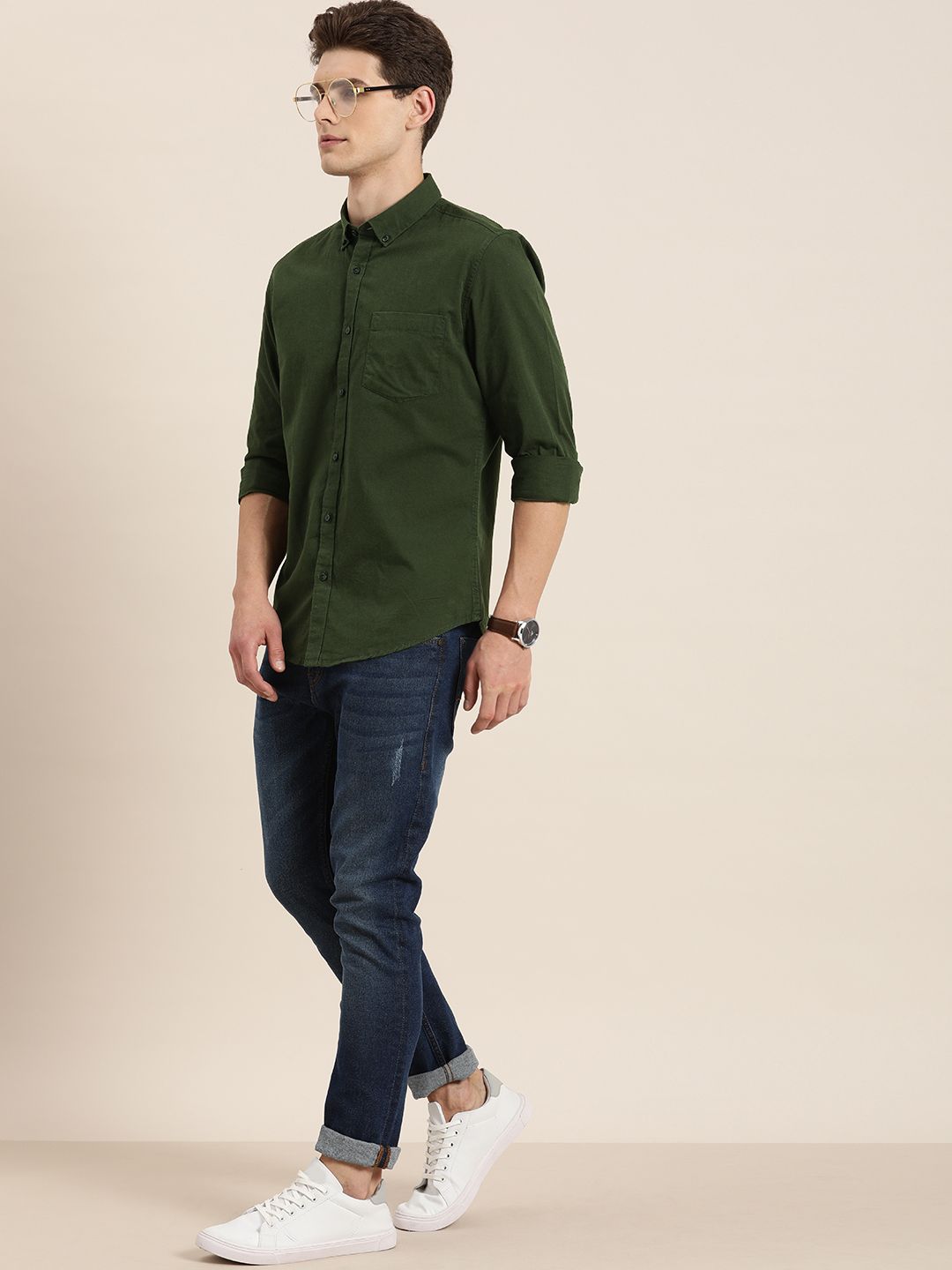 ether Men Olive Green Opaque Pure Cotton Casual Shirt