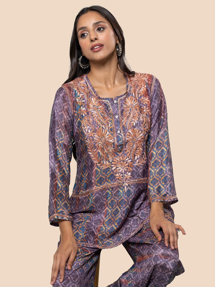 HOUSE OF KARI Floral Embroidered Regular Chikankari Straight Kurta with Palazzos