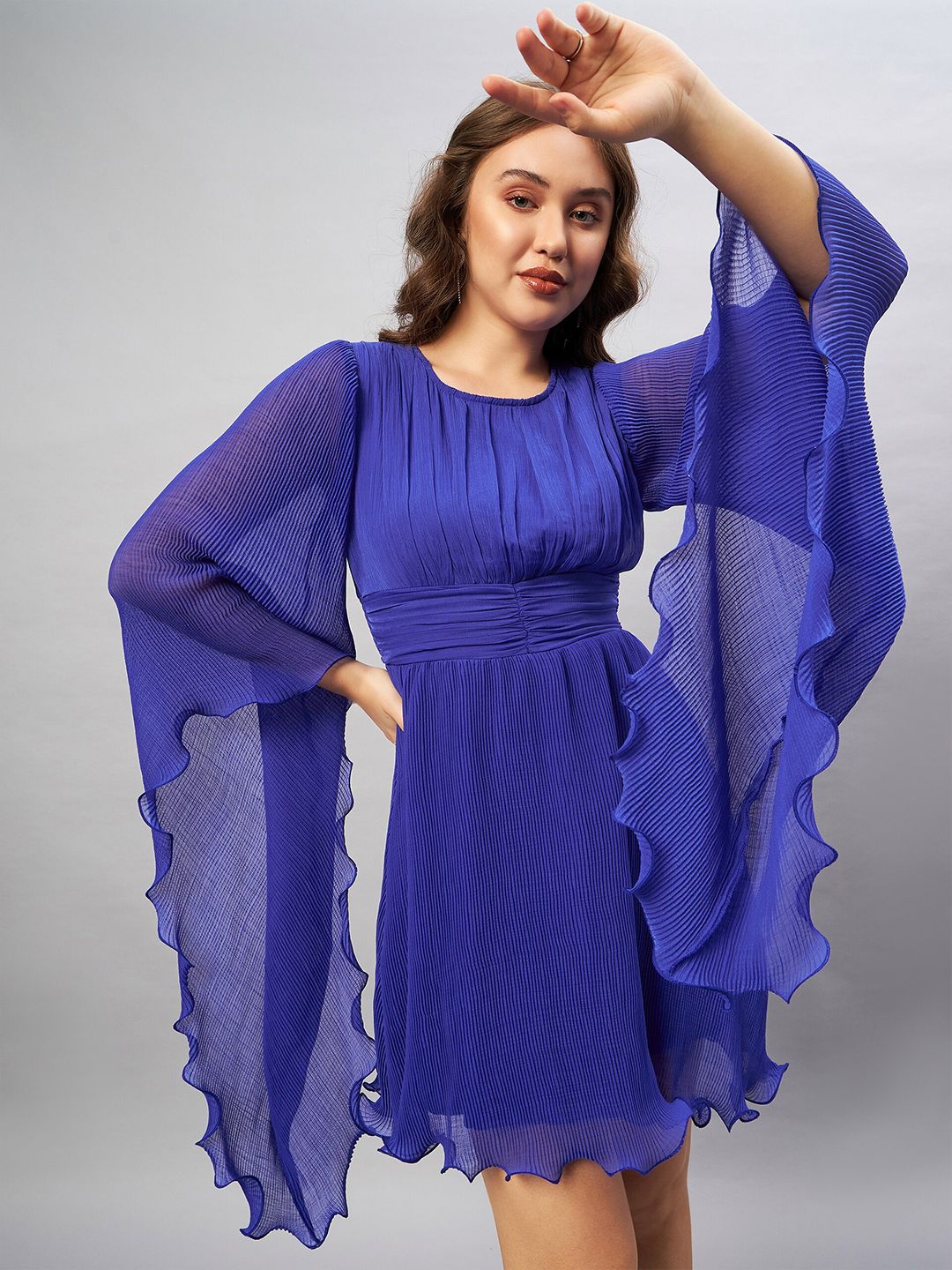 Antheaa Blue Long Flared Sleeve Smocked Accordion Pleated Fit & Flare Dress